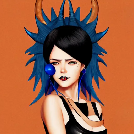 Image similar to illustrated realistic portrait of ram-horned devil woman with blue bob hairstyle and her tan colored skin and with solid black eyes wearing leather by rossdraws