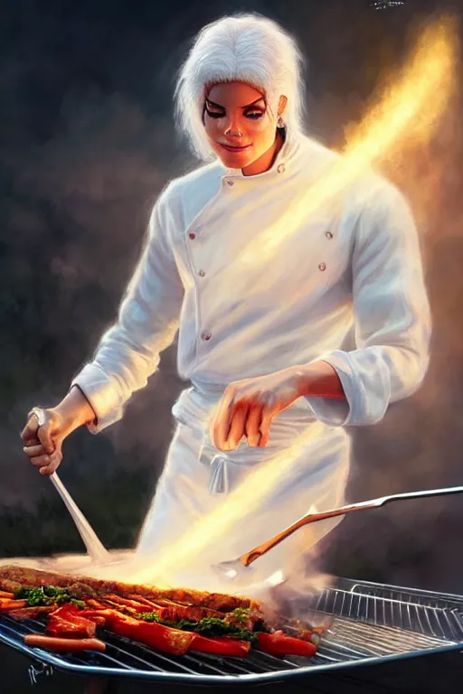 Image similar to white michael jackson cooking a bbq as a heavenly angel, anatomy, bathed in light, highly detailed, photorealistic, artstation, smooth, sharp focus, illustration, unreal engine 5, 8 k, art by artgerm and greg rutkowski and edgar maxence