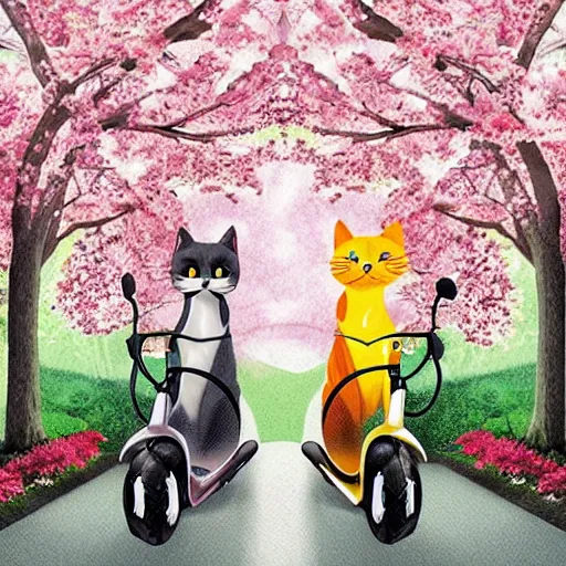 Prompt: a cute artwork of two cats riding scooters through a forest of cheery blossom trees