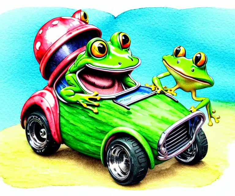 Image similar to cute and funny, frog wearing a helmet riding in a tiny hot rod with exhaust pipes, ratfink style by ed roth, centered award winning watercolor pen illustration, isometric illustration by chihiro iwasaki, edited by range murata, tiny details by artgerm and watercolor girl, symmetrically isometrically centered, focused