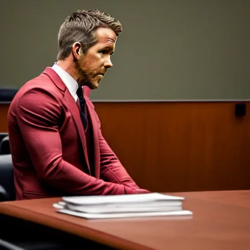 Image similar to ryan reynolds on trial in a court room, highly detailed, extremely high quality, hd, 4 k, 8 k, professional photographer, 4 0 mp, lifelike, top - rated, award winning, realistic, detailed lighting, detailed shadows, sharp, no blur, edited, corrected, trending