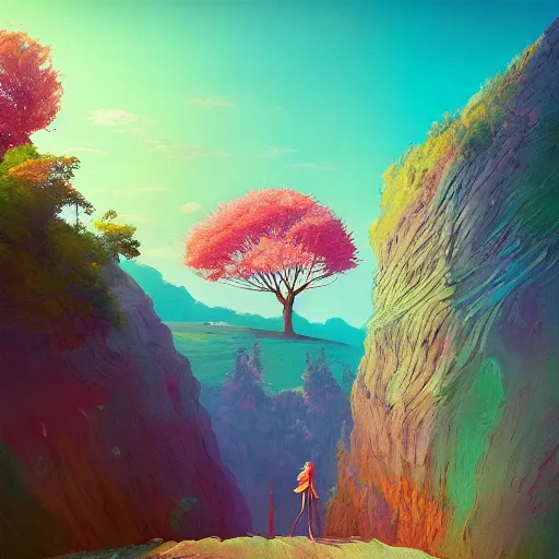 Image similar to giant cherry tree as a head, girl walking in a canyon, surreal photography, sunrise, dramatic light, impressionist painting, colorful clouds, digital painting, artstation, simon stalenhag