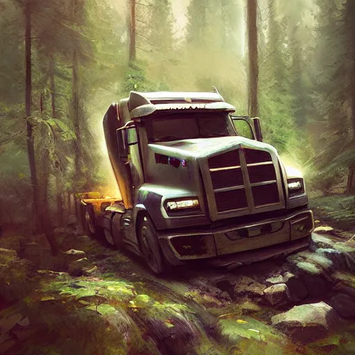 Image similar to a truck in the woods, digital art by ruan jia and mandy jurgens and artgerm, highly detailed, trending on artstation, award winning