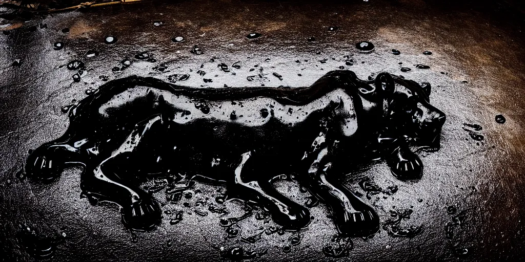 Prompt: the black lioness made of ferrofluid, laying on their back, bathing in a bathrub filled with tar, dripping tar, drooling goo, covered in slime, sticky black goo, dripping goo, sticky black goo. photography, dslr, reflections, black goo, rim lighting, cinematic light, tar pit, chromatic, saturated, slime, modern bathroom