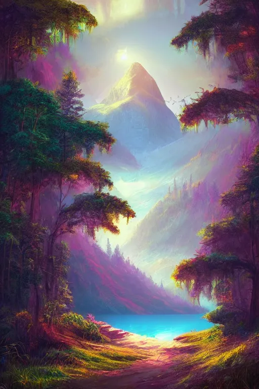 Image similar to beautiful matte painting style synthwave, whimsical art fantasy path mountains and meadow in the background near a lake reflecting the trees, atmospheric lighting, painted, intricate, volumetric lighting, beautiful, rich deep colors masterpiece, sharp focus, ultra detailed by