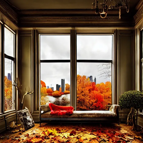 Image similar to fantastical living room with chicago landscape in the window by marc adamus, beautiful dramatic lighting, overgrown with funghi, autumn season, coat rack with coat hanging off, style by peter deligdisch, peterdraws