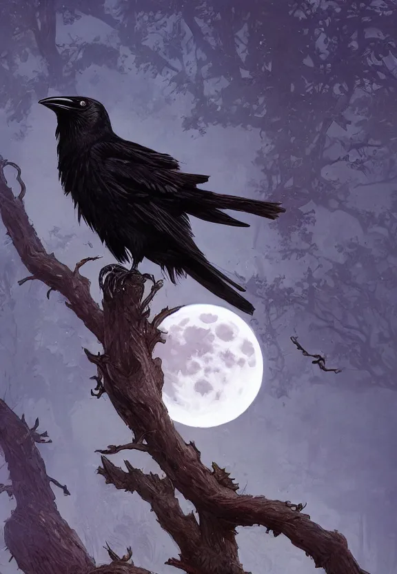 Image similar to crow on tree in front of the full big moon, highly detailed, digital painting, artstation, concept art, smooth, sharp focus, illustration, Unreal Engine 5, 8K, art by artgerm and greg rutkowski and alphonse mucha