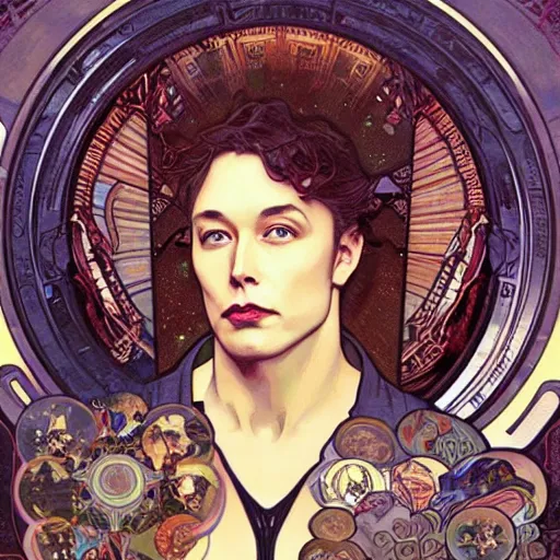 Prompt: Elon Musk by Alphonse Mucha, Ayami Kojima, Amano, Charlie Bowater, Karol Bak, Greg Hildebrandt, Jean Delville, and Mark Brooks, Art Nouveau, Pre-Raphaelite, Neo-Gothic, gothic, Art Nouveau, rich deep moody colors