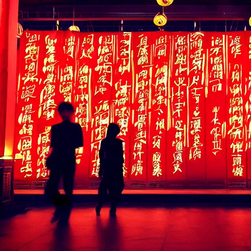 Image similar to night club, a few red chinese lanterns, people's silhouettes, minimalism, asian movies 2 0 0 0 atmosphere
