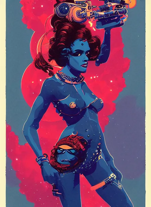 Prompt: retro 7 0's badass spacegirl, beautiful portrait, centered face, by thomas river and mike huddleston, pascal blanche illustration, dark blue and red, hypermaximalist, peter mohrbacher, mike mignola, moebius, intricate ink illustration