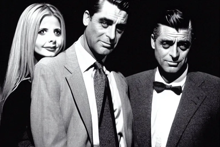 Image similar to cary grant as giles in buffy the vampire slayer, along side sarah michelle gellar 1 9 9 8