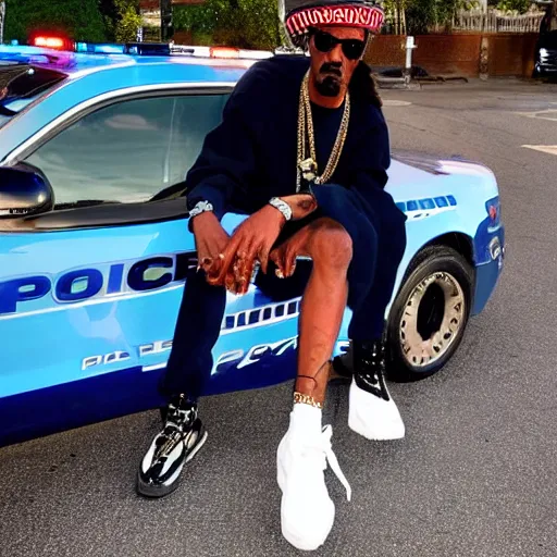 Image similar to Snoop Dogg is sitting in a police car wearing a cap C-13