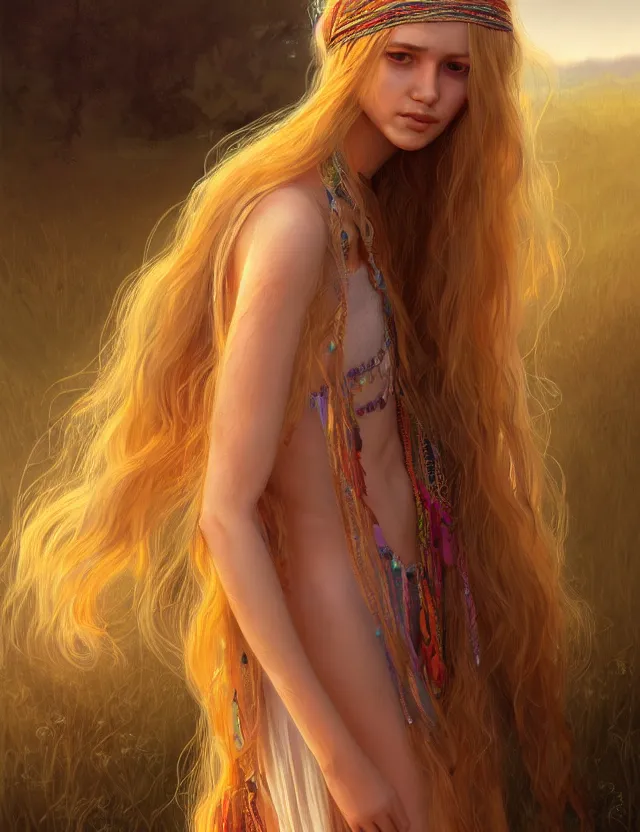 Image similar to a young woman wearing a boho dress at woodstock, hippie girl, long blonde hair, groovy hairband, bangs, intricate, smooth, groovy lighting, highly detailed, digital painting, artstation, concept art, smooth, sharp focus, illustration, art by wlop, mars ravelo and greg rutkowski