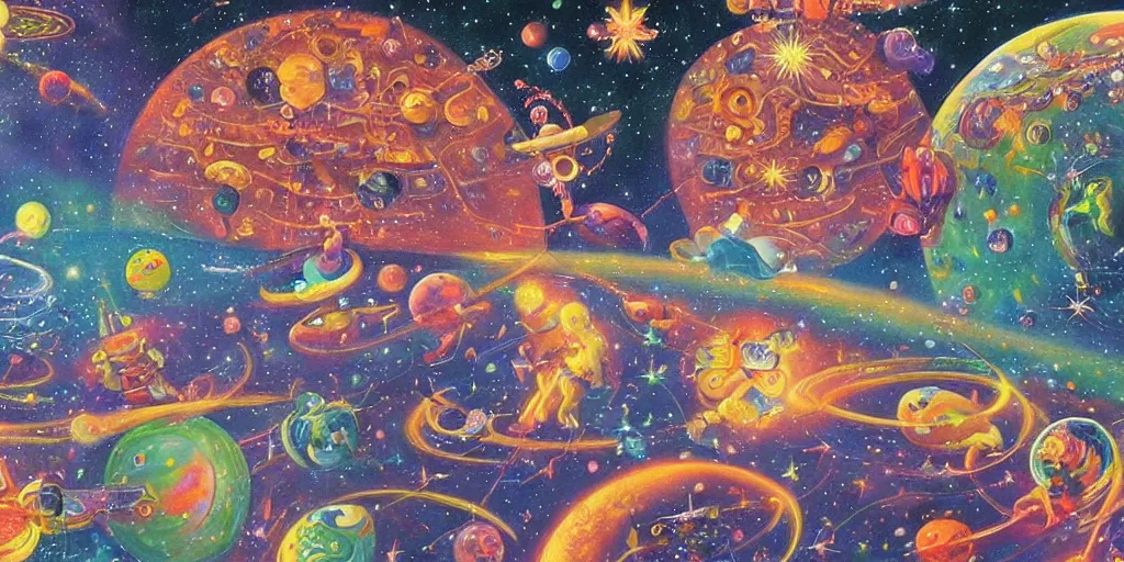 Prompt: a beautiful painting of an elaborate space scene painted by bosch and lisa frank, detailed