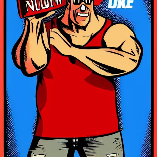 Prompt: Duke Nukem, red tank-top, Duke Nukem 90s cover art style