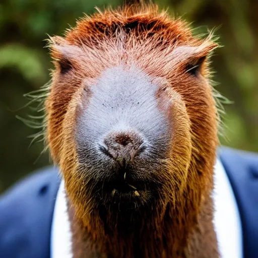 Image similar to capybara head, a man wearing a suit capybara head