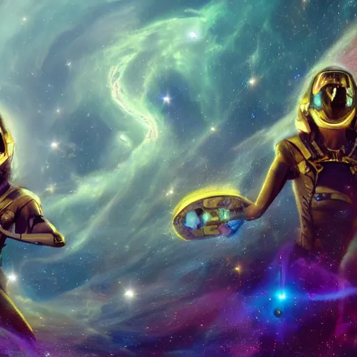 Image similar to the relentless battle between the guardians of space of time both of which are clothed with golden chains and galactic fog and a background overseeing the universe