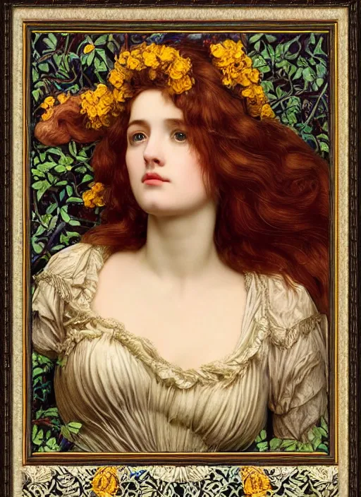 Prompt: masterpiece beautiful seductive flowing curves preraphaelite face portrait photography, extreme close up shot, straight bangs, thick set features, yellow ochre ornate medieval dress, laying amongst foliage mushroom forest circle arch, frederic leighton and kilian eng and rosetti and preraphaelites, william morris, framed, 4 k