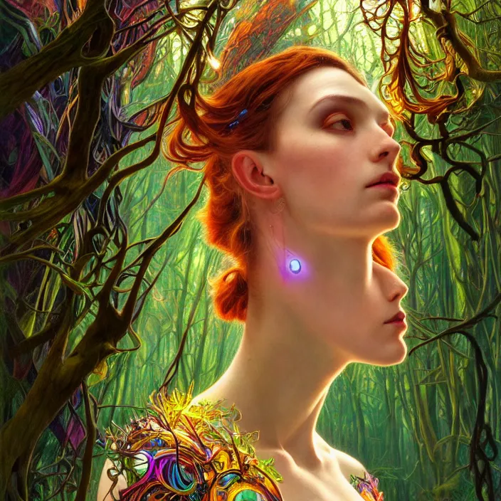 Image similar to bright psychedelic portrait of intelligent organic cyborg in an ancient forest, diffuse lighting, fantasy, intricate, elegant, highly detailed, lifelike, photorealistic, digital painting, artstation, illustration, concept art, smooth, sharp focus, art by John Collier and Albert Aublet and Krenz Cushart and Artem Demura and Alphonse Mucha