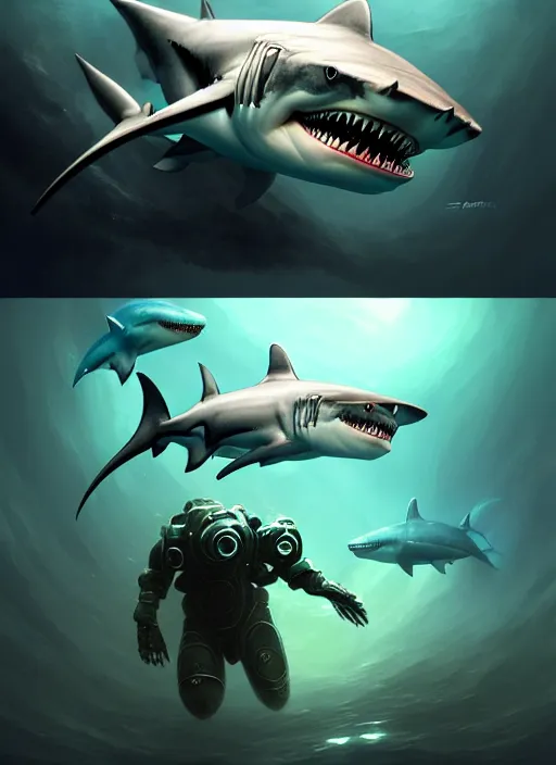 Image similar to shark mech suit, swimming in the ocean with fish around it, diffuse lighting, fantasy, highly detailed, photorealistic, digital painting, artstation, illustration, concept art, smooth, sharp focus, in the style of tom bagshaw