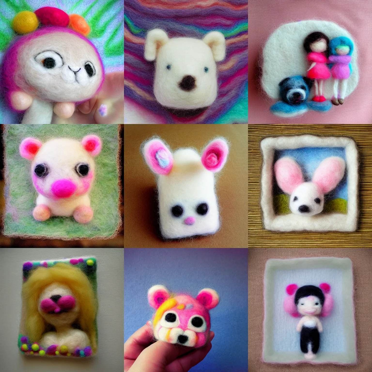 Prompt: needle felted purikura photo, highly detailed, tilt shift, cute, hyperrealism, highly textured, god rays, needle felting