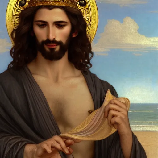 Prompt: an extremely detailed illuminated manuscript of a ridiculously good looking jesus that looks like a jewish gigachad with his 1 2 apostle entourage, long curly hair, elegant ancient greek dress, very detailed, windy beach, beautiful, intricate, cinematic, artstation, william bouguereau, alphonse mucha, greg rutkowski, rossdraws, octane render