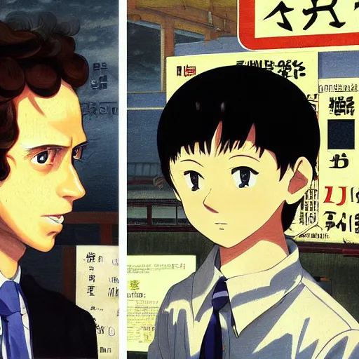 Image similar to anime joseph goebbels and mark zuckerberg by hasui kawase by richard schmid