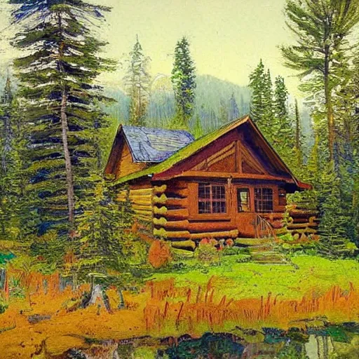 Prompt: a cabin on a small hill surrounded by colorful trees, drawn by colin campbell cooper