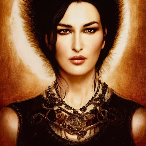 Image similar to majestic gracious regal aristocratic raven haired monica bellucci as the roman - greece vampire pandora portrait, indoors, atmospheric lighting, painted, intricate, volumetric lighting, beautiful, rich deep colours masterpiece, sharp focus, ultra detailed, by leesha hannigan, ross tran, thierry doizon, kai carpenter, ignacio fernandez rios