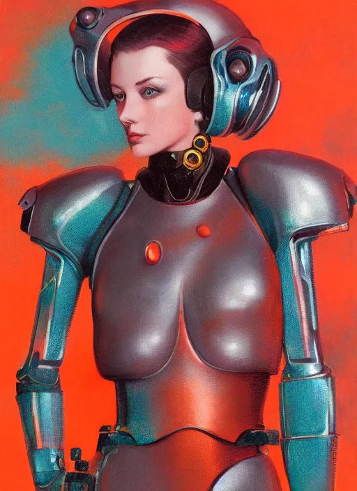 Prompt: ( ( symmetry ) ) closeup portrait of a chrome mech cyborg android stunning girl, fashion racer jumpsuit with shoulder pads, cinematic light, teal orange, viscous volumetric smoke, mist, by gerald brom, by mikhail vrubel, by peter elson, muted colors, extreme detail, trending on artstation, 8 k