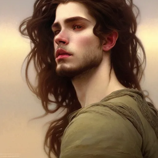 Image similar to portrait painting of a pale serious young man with soft face and medium brown wavy hair wearing armor, ultra realistic, small orbit, concept art, intricate details, eerie, highly detailed, pursed lips, melancholy expression, photorealistic, wide upturn nose, prominent chin, octane render, 8 k, unreal engine. art by artgerm greg rutkowski alphonse mucha