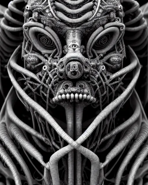 Prompt: mythical black and white organic biomechanical spinal ribbed face portrait detail of mechanical vegetal-cyborg, highly detailed, intricate ornate, 3D render digital art, octane render, 8K artistic photography, photorealistic