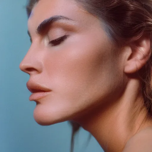 Image similar to Portrait photo of a Cindy Crawford posed in profile, eyes closed, natural makeup, studio lighting, highly detailed, cinestill 800t