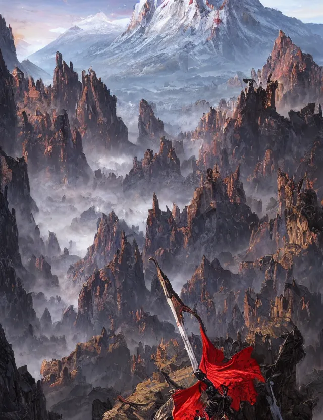 Image similar to wide angle shot from above of silver ornate armor slim handsome mma warriors in battle!!! mountains and giant gothic abbeys in the background, fine detail, 8 k, high contrast color scheme, blue at the background red at the foreground!!!, dynamic perspective, painted movie poster by greg rutkowski and peter mohrbacher