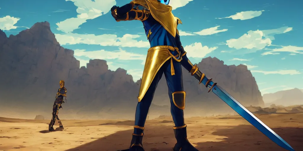 Prompt: blue knight holding a gold sword, green hatchback car screen left, low wide angle, anime, desert landscape, greg rutkowski, Murata, one punch man manga, cinematic, digital art, hyper realistic