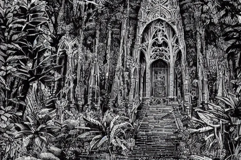 Prompt: stunning ink illustration of a temple complex in a jungle clearing in a fusion of star wars and gothic revival architecture