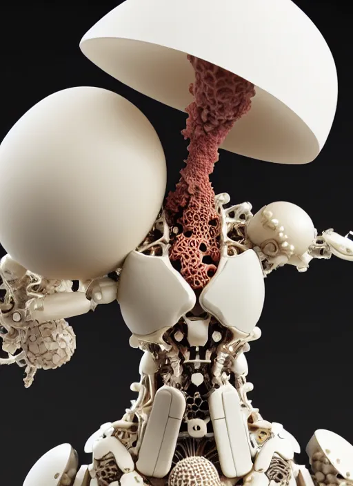 Image similar to biomechanical mannequin carrying perfume bottle, black corals table made of corals, mushrooms, puffballs, rhizomorphs in an ivory room well contoured smooth fair walls, up close shot, sharp focus, global illumination, radiant light, alexandre ferra white mecha, irakli nadar, octane highly render, 4 k, ultra hd,