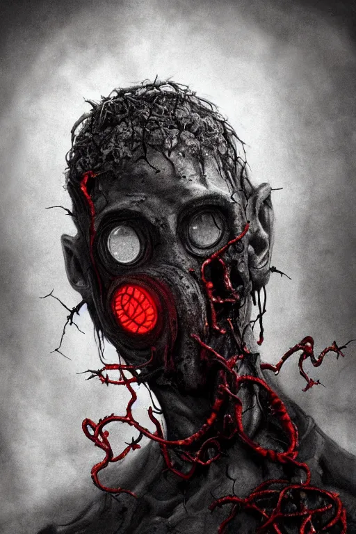 Image similar to realistic portrait beautiful detailed matte painting of cinematic movie scene a zombie with a gas mask, tentacles, black and red, thorns, vines, horror, created by gustave dore and greg rutkowski, high detailed, smooth draw, synthwave neon retro, intricate, realistic proportions, dramatic lighting, trending on artstation.