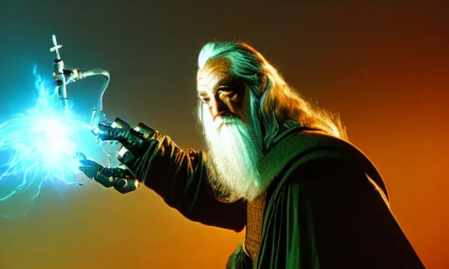 Prompt: cyber - gandalf with large robotic arm battling the balrog epic 3 5 mm photograph