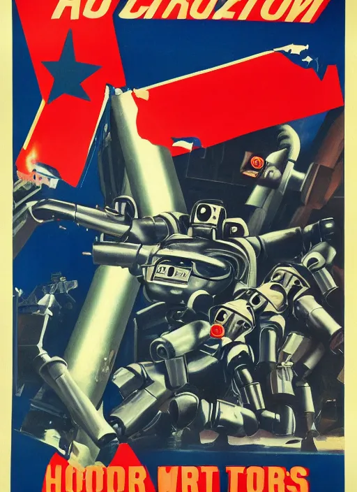 Image similar to wwii propaganda poster about robots attacking