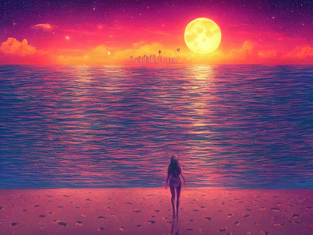 Prompt: night on a summer miami beach, city on the background, palm trees, footprints in the sand, full moon reflected in the calm ocean, starry sky, 8 k, ultra detailed, trending on artstation, digital painting, synthwave and retrowave style