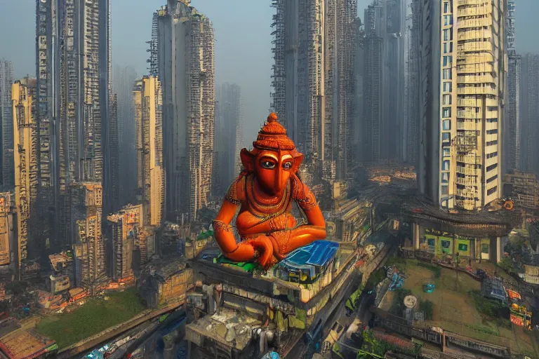 Image similar to high quality 3 d cyberpunk biomorphic hanuman head building in the middle of mumbai!!, kalighat highly detailed, cinematic smooth, stephen shore & john j. park, soft morning light, wide shot, high angle, uhd 8 k, deep focus