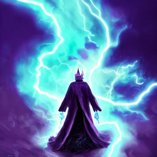 Prompt: mysterious figure with a purple coat and blue crown riding a dragon made of lightning, digital art, 4 k ultra hd, hyper realistic