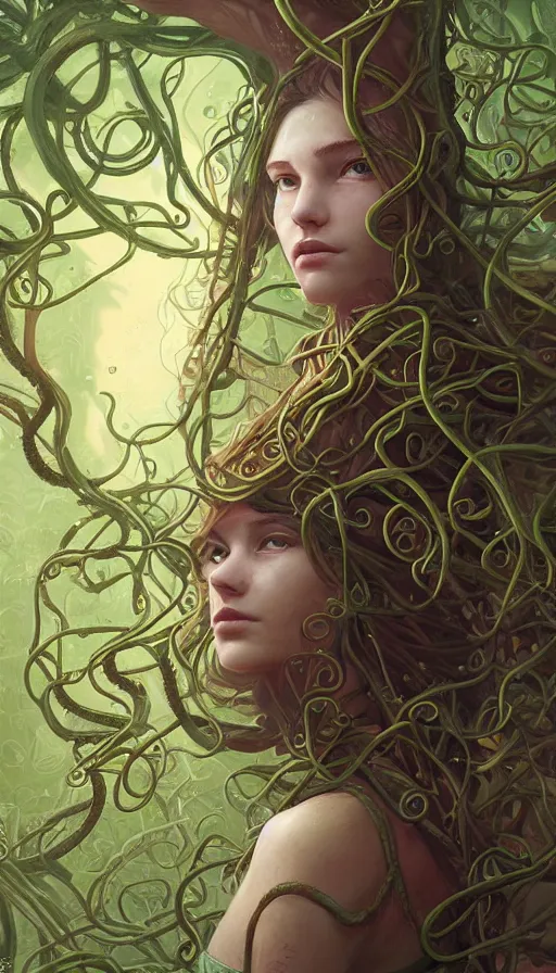 Image similar to very detailed portrait of a 2 0 years old girl surrounded by tentacles, the youg woman visage is blooming from fractal and vines, by marc simonetti
