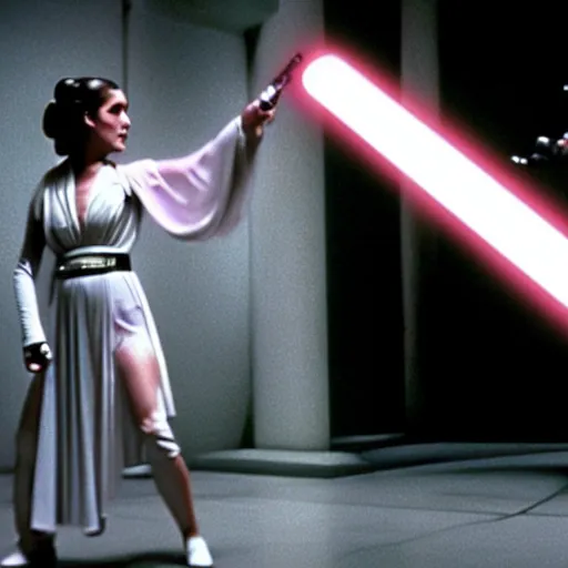 Image similar to film still of princess leia fighting darth vader in a lightsaber battle, star wars, 1 9 7 0, kodak, film, lightsabers, dramatic lighting, epic