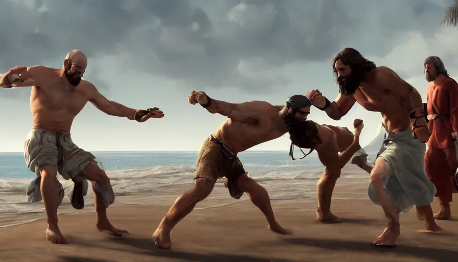 Image similar to jesus christ fighting a blind man on the beach, hyperrealistic, 8k, artstation, cgsociety