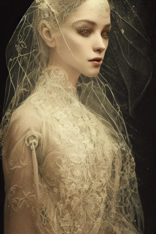 Image similar to a beautiful ultradetailed vintage photo of a veiled cyborg, by tom bagshaw and anna dittman, embroidered lace chapel veil, portrait, vignette, 3 5 mm lens, golden ratio composition, detailed face, studio photography, very detailed, humanoids, industrial robots, artstation, 8 k, highly coherent