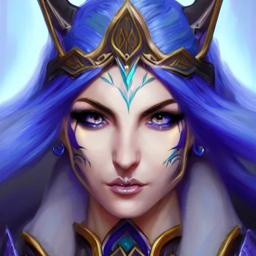 Prompt: a portrait of a very beautiful female night elf mage in armor warcraft style armor, blue hair, bored, illustration, soft lighting, soft details, painting oil on canvas by mark arian by artgerm, trending on artstation, 4k, 8k, HD