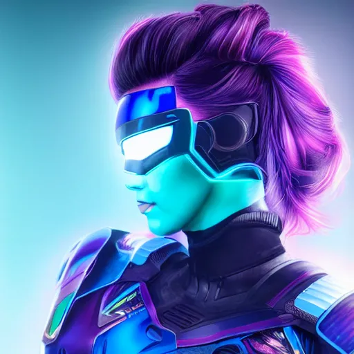 Image similar to a stunning upper body portrait of a beautiful young woman wearing futuristic navy blue and teal battle bodyarmor with pauldrons and inset glowing fine neon lines and ombre purple and pink hairstyle with hair blowing in the wind, by marvel comics, highly detailed, fine detail, intricate, digital art, trending on artstation