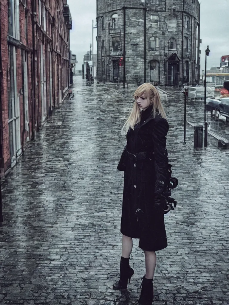 Prompt: cute annie leonhart in the dunwall city centre, dunwall city, beautiful face, natural lighting, rainy weather, gothic architecture, natural reflections, model agency, instagram photo, depression atmosphere, shot on iphone 1 3 pro, natural beauty, beautiful girls